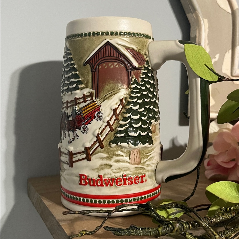 Vintage 1984 Budweiser Beer Stein Clydesdale Horses Snow Covered Bridge